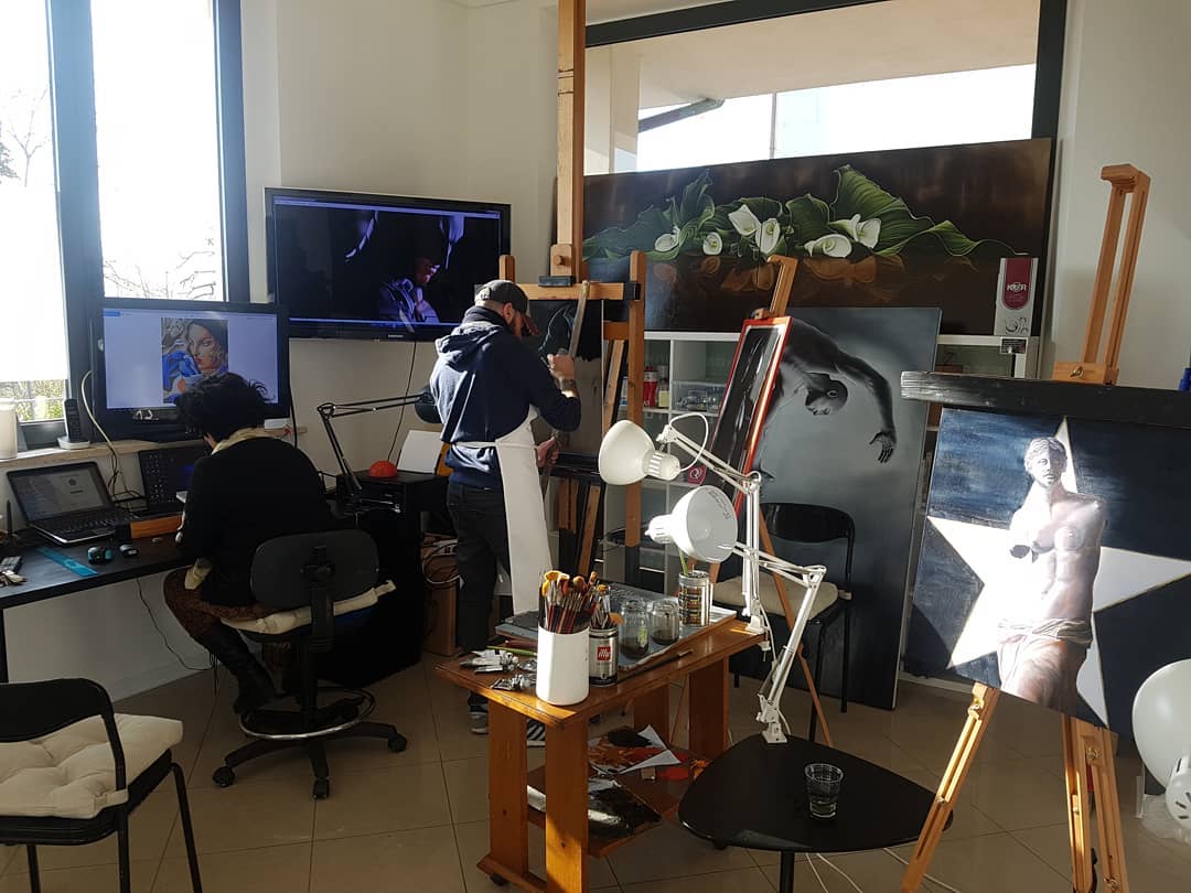 Artworks, materials and workstations in the studio.