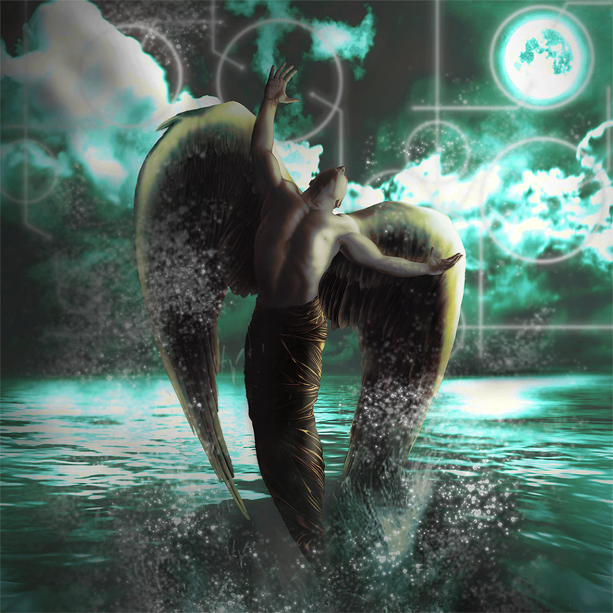 Digital animation of water, sky and teal light.