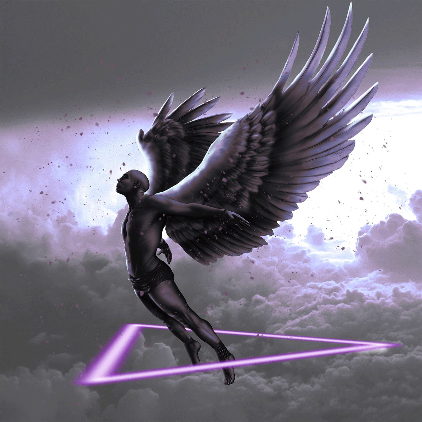 Digital animation with a winged figure and a luminous triangle.
