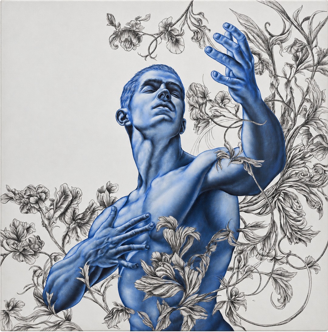 Blue figure with botanical drawing
