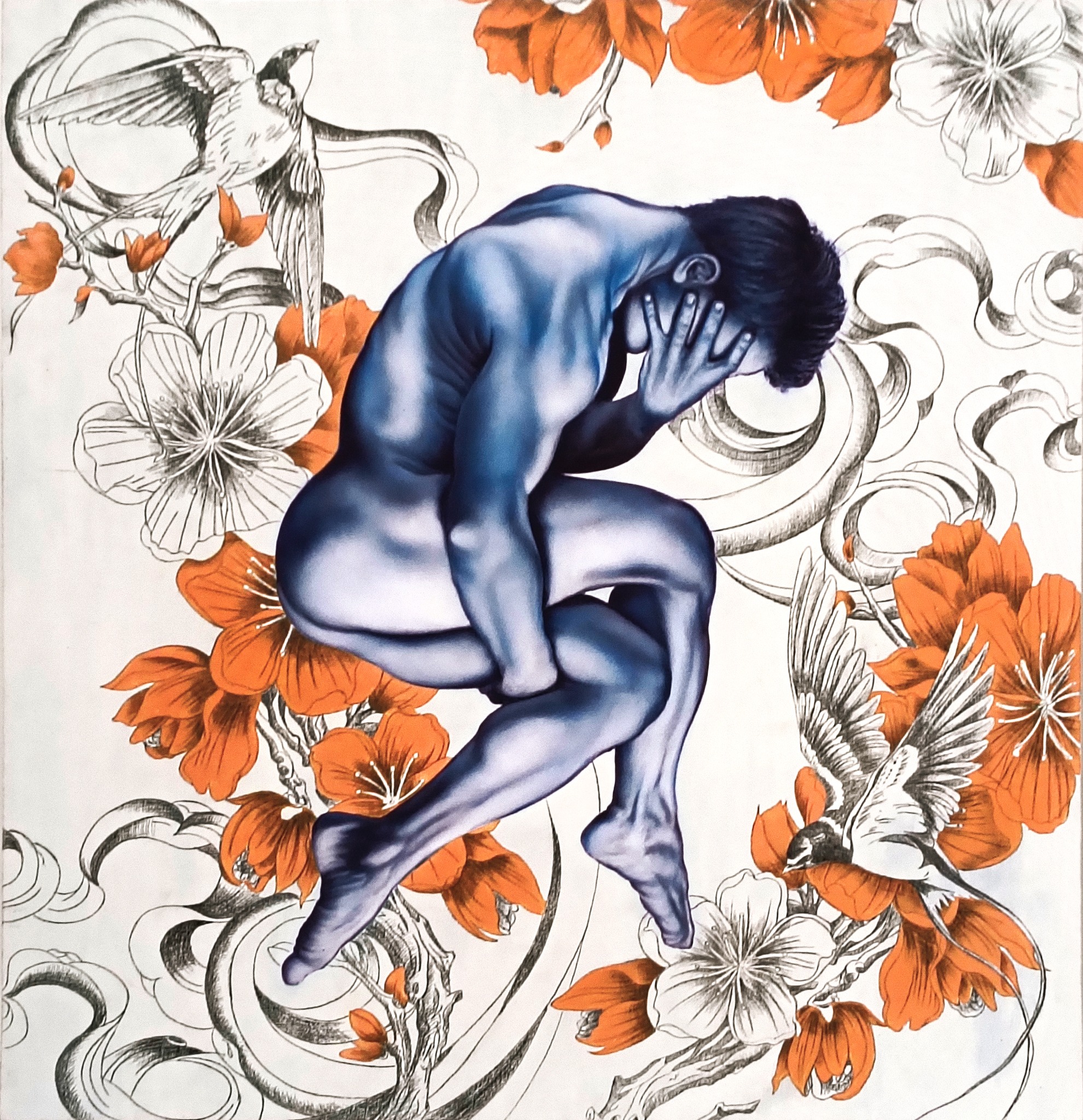 Preparatory study of a human figure with orange floral elements from the new painting project