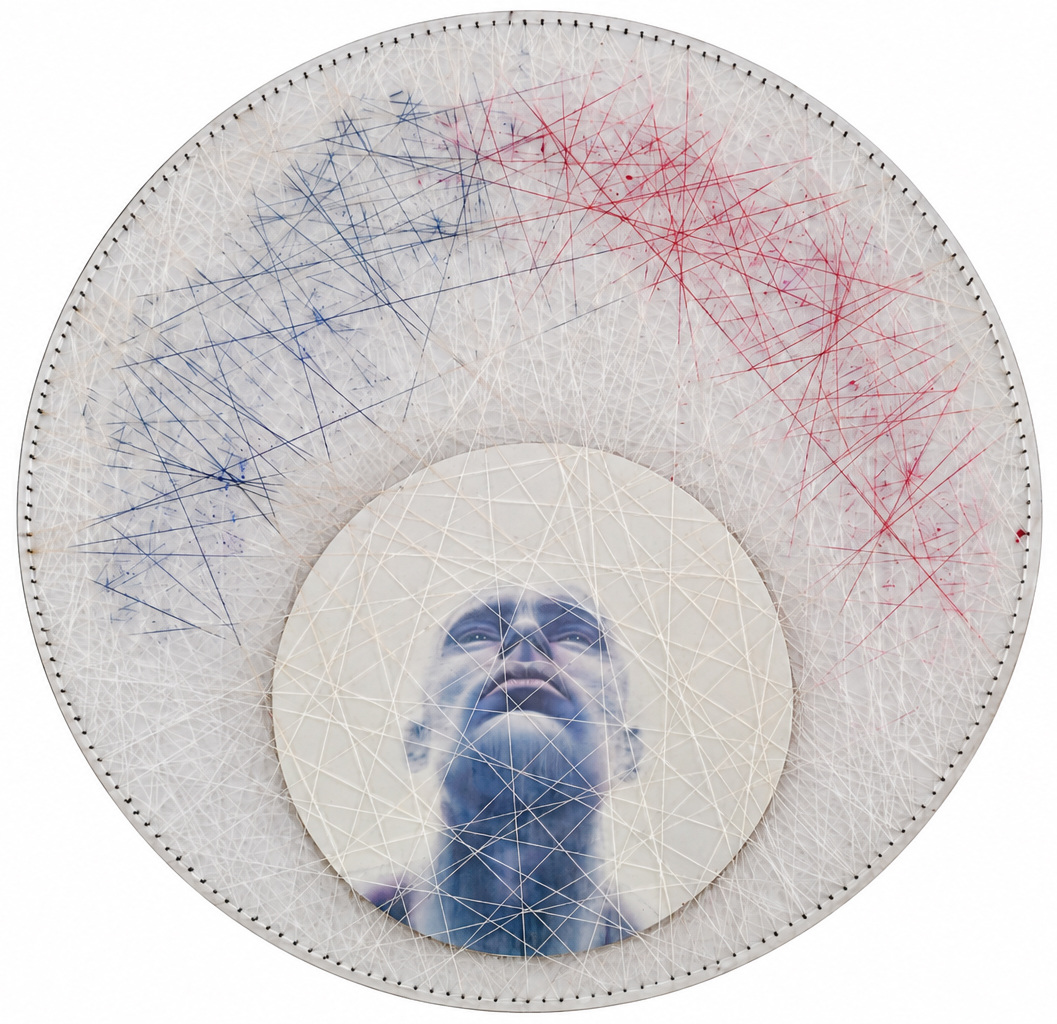 Circular prototype with white threadwork, blue and red marks and a blue painted face — Marco Monaldi